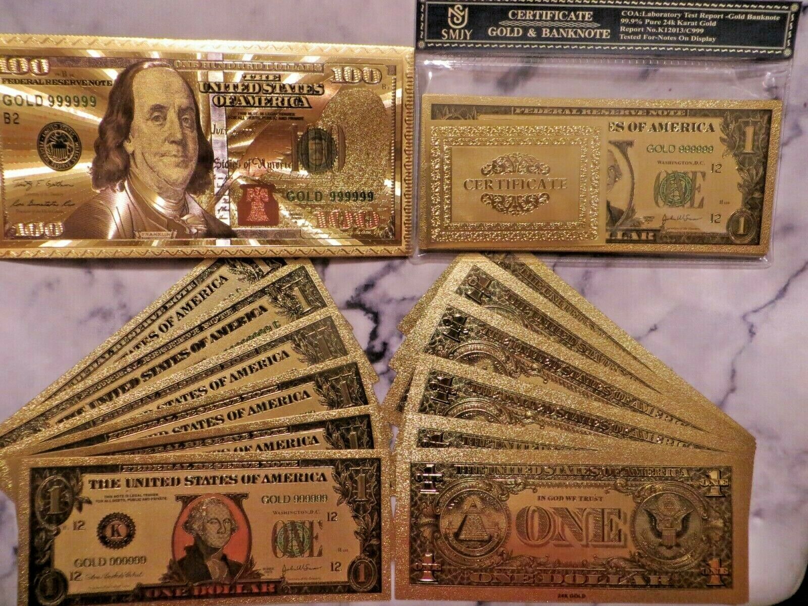 Real 24k Gold Lot 20 X $1.00 Usa Gold Federal Reserve Goldbacks Banknotes