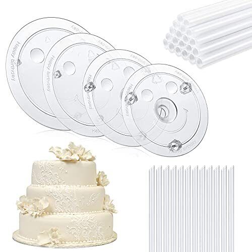 Cake Sticks Support Rods With Cake Board Drums,4pcs Plates With 32 Pcs Rods